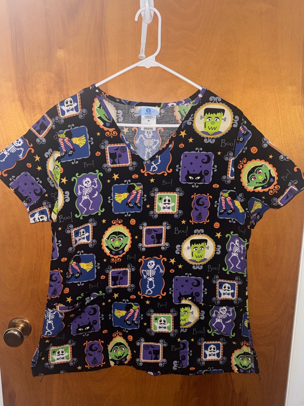 SB Scrubs Black Halloween Monster Print Women's Pajama Top